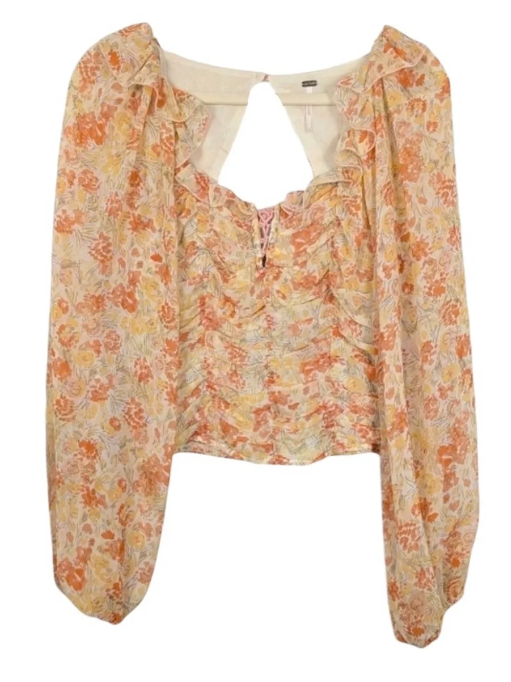 Free People Mabel Printed Blouse M Floral Sheer Sleeve Corset Fairy Ren-Faire